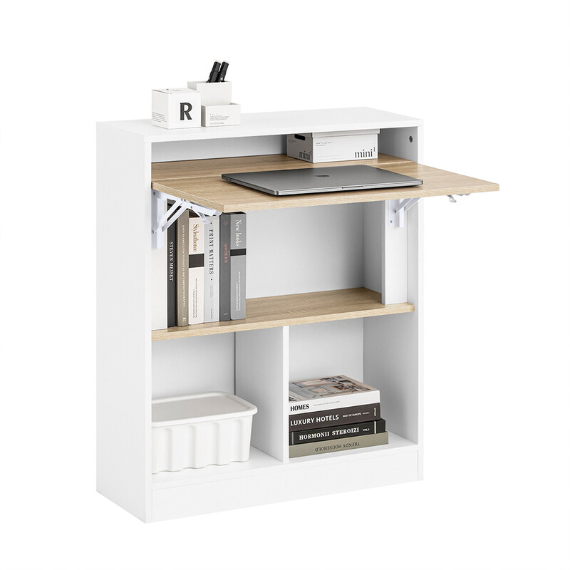 SoBuy Wandmontiertes Schreibtischregal mit 5 Ablageböden, Computer-Schreibtisch fürs Homeoffice, Holz-Lernschreibtisch, Weiß und Natur, 70 x 57 x 85 cm