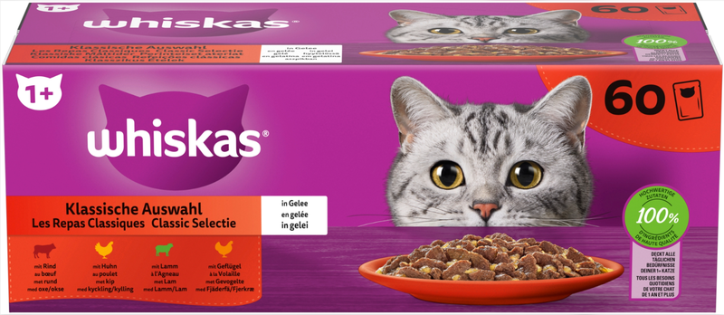 Whiskas 1+ Pouch Adult Gelei Classic Selectie Multipack 60x85g