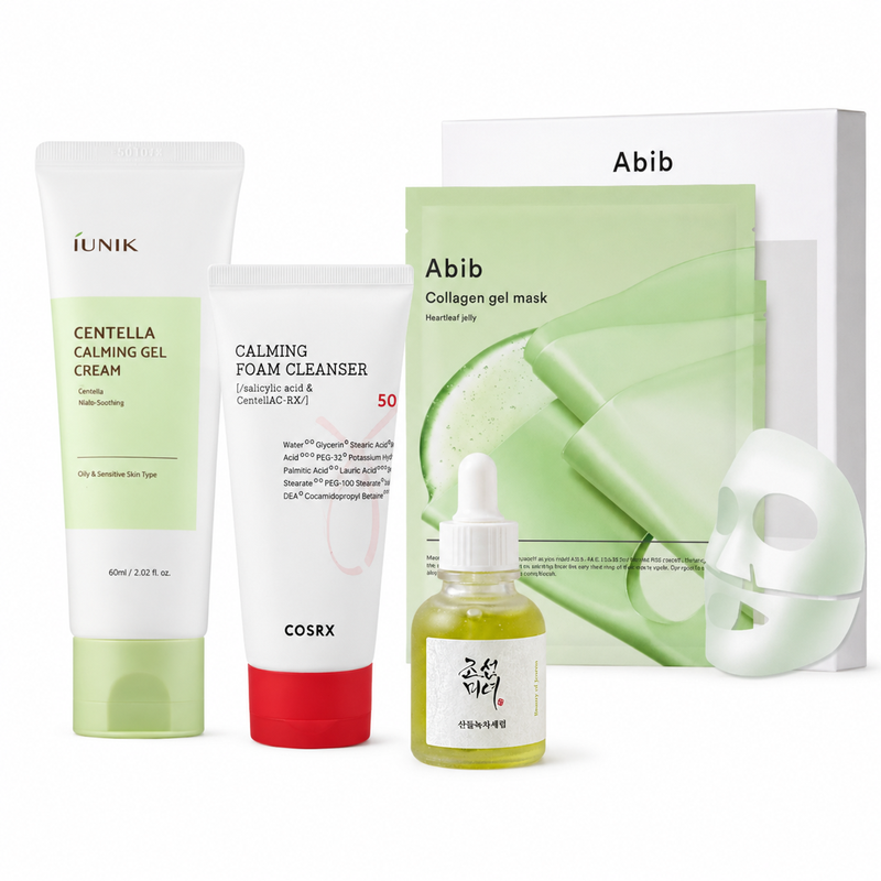 K-Beauty Zomer Kalmerende & Hydraterende Set – Reiniger, Serum, Gelcrème & 10 Sheetmaskers