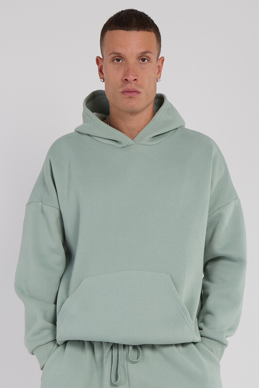 Oversized Fleece Pullover Hoodie, Mineral Green, M Size