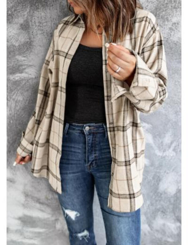 Women's Long Sleeve Plaid Shirts Flannel Collared Button Down Shacket Casual Rolled U