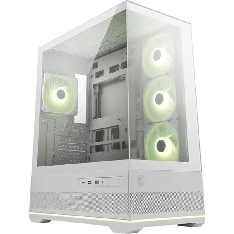 MSI MAG PANO 110R PZ Midi-Tower Gaming-PC-Gehäuse in weiß mit 270° Panoramasicht aus gehärtetem Glas, 4 ARGB-Lüftern und ARGB-Hub