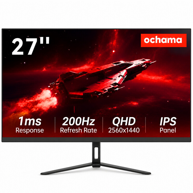 Ochama 27 inch Gaming & Office Monitor met Ultradunne Rand, 200 Hz Verversingssnelheid, 2K Ultra HD Groot Scherm