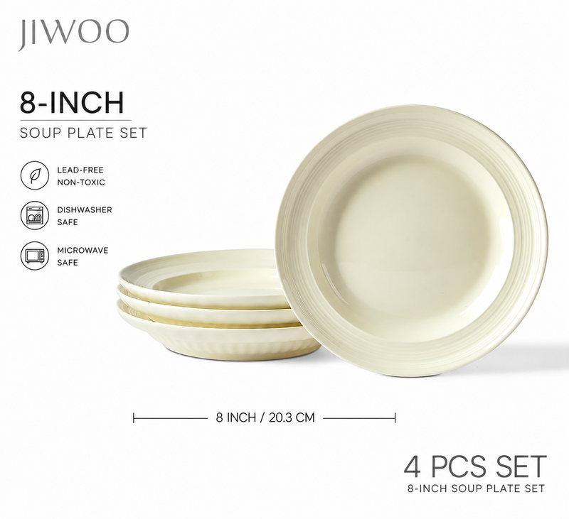 JIWOO Light Stream Vorteil-Familienpackung 4-teiliges Set exquisiter beige glasierter Keramiks 8-Zoll Suppenteller