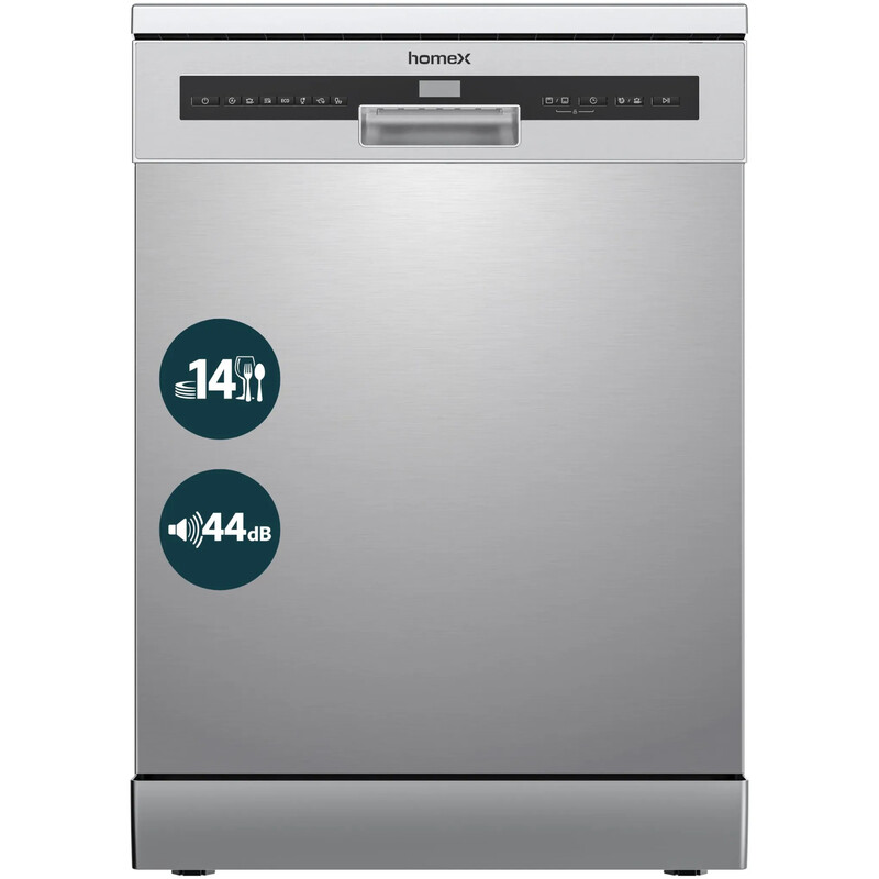 homeX DWFS601444C-S Freistehender Geschirrspüler – 60 cm, 14 Maßgedecke, 7 Programme, AquaStop, 44 dB, Unterbaufähig, Silber
