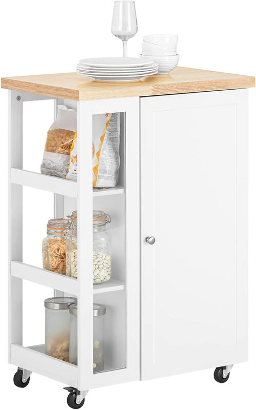 SoBuy Küchenwagen mit 3 Ablagen, Arbeitsfläche und Schrank – Servierwagen für Küche, Wohnzimmer & Esszimmer – Perfekt für kleine Räume, Weiß-Natur 60x90x40 cm FKW75-WN