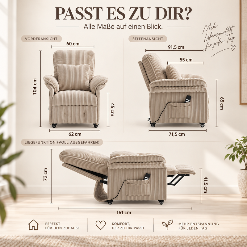 KAUFHOF Galeria Kaufhof Elektrischer Relaxsessel mit 2 Motoren, beige Cord | Elektrischer Relaxsessel mit unabhängig verstellbarer …