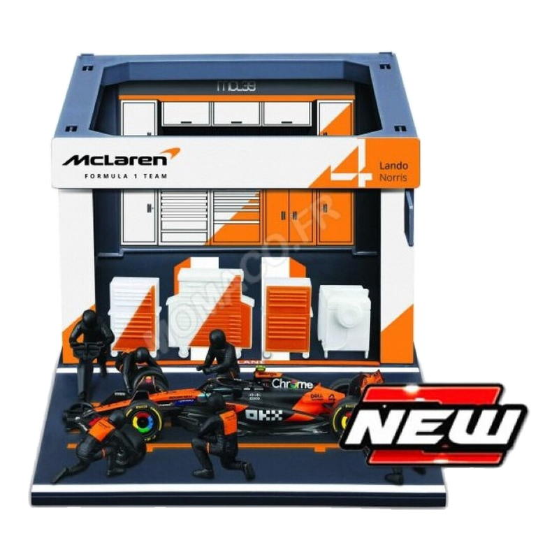 143 Bburago Pit Stop McLaren MCL39 véhicule + figurines mécaniciens + paddock + accessoires #4 Norris