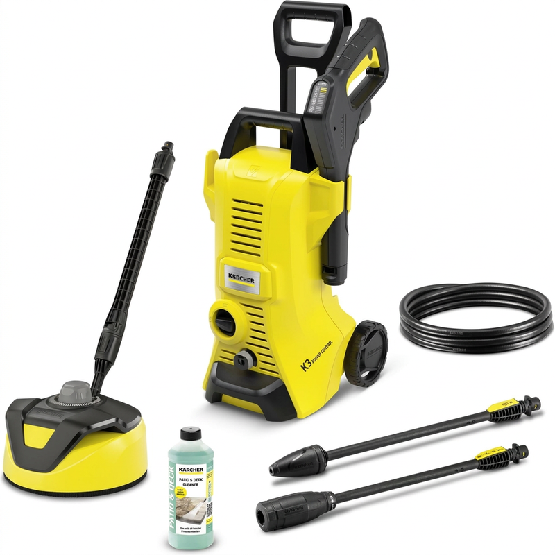 Kärcher K 3 Power Control Home T 5 Hochdruckreiniger-Set mit T 5 Oberflächenreiniger, Terrassendetergent, verstellbarer Sprühpistole, Teleskopgriff und App-Unterstützung