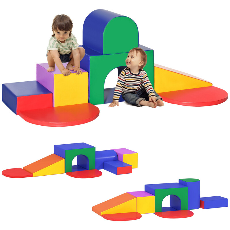 Homcom Blue/Purple 3D0-012V00mx Kids Soft Play Set, Seven-Piece Climb And Crawl Foam Blocks For Toddlers, Indoor Soft Play Equipment For Motor Skills, Multicoloured