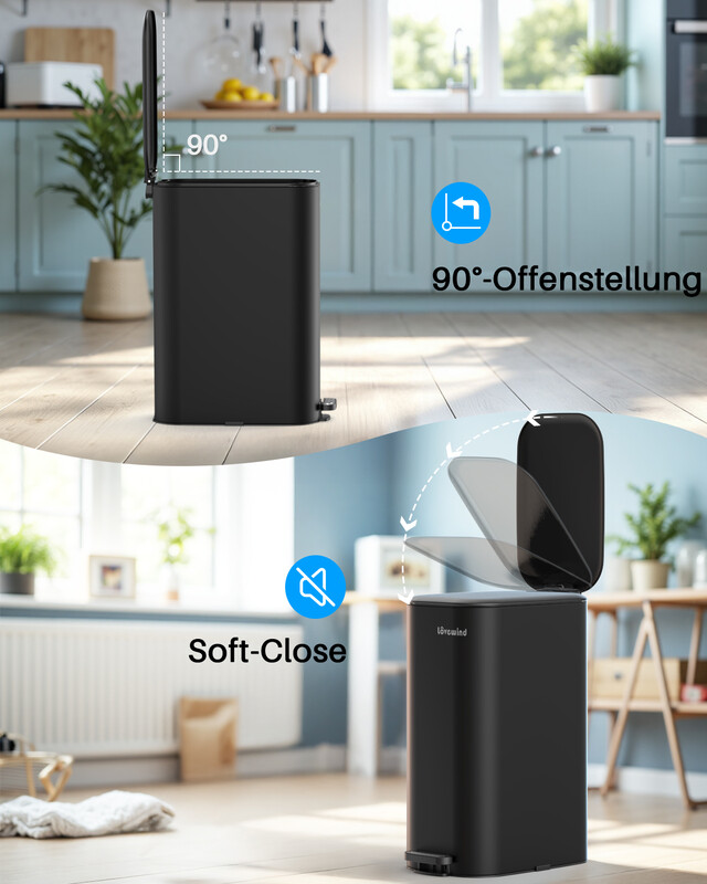 Lovewind 30 L Küchenmülleimer, schwarzer Edelstahl schmaler Mülleimer für die Küche, schwarzer Treteimer mit Soft-Close-Deckel, …