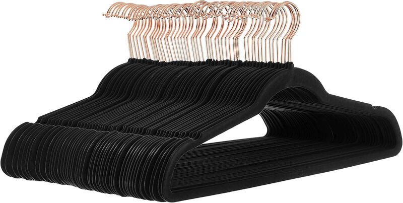 Velvet, Non-Slip Suit Clothes Hangers, Black/Rose Gold - Pack of 50