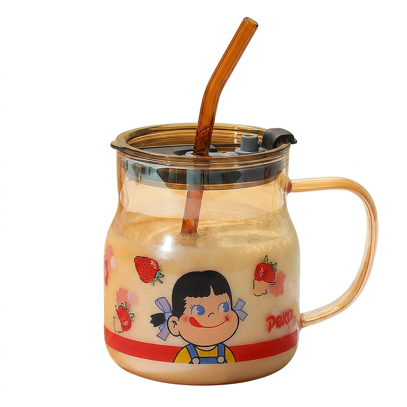BJ Hochborosilikat-Glastasse mit Deckel und Strohhalm, Kindertasse für Wasser/Milch zum Frühstück, 500 ml