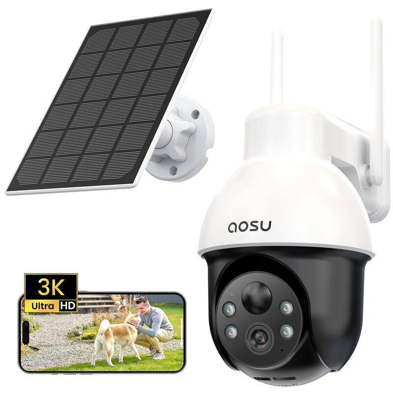 AOSU 3K Outdoor Solar-Überwachungskamera, 5 MP 360° Panorama PTZ Kabellose Überwachungskamera für den Außenbereich für Heimüberwachung, Automatische Verfolgung, Licht- und Ton-Alarm, 2-Wege-Audio