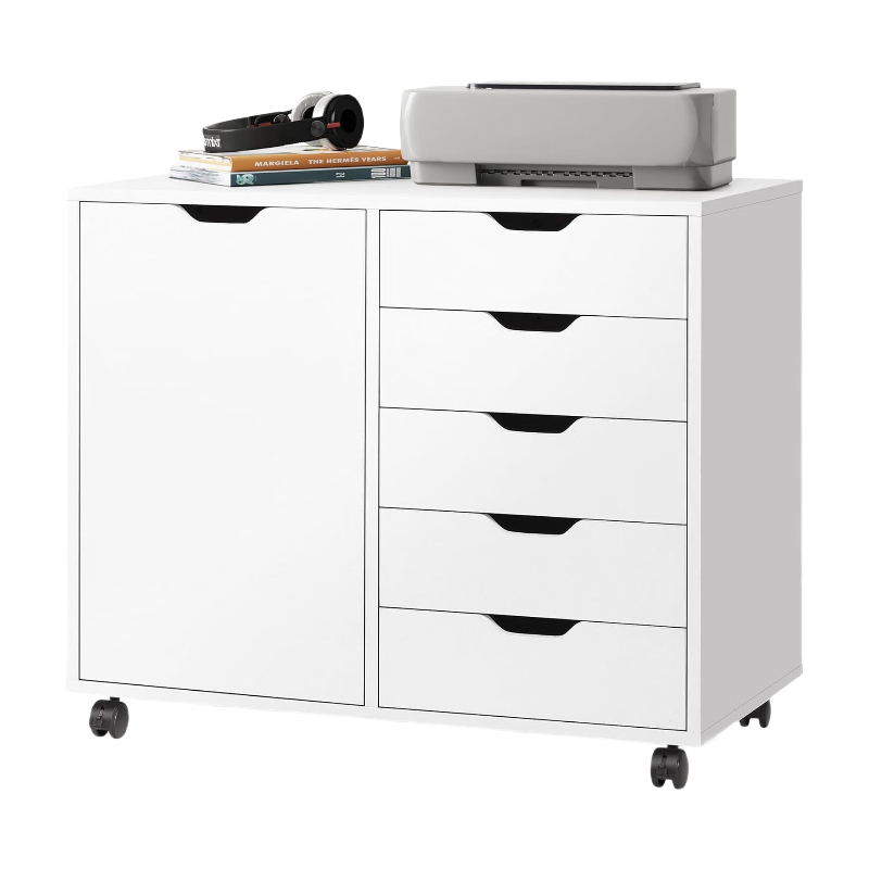 DEVAISE Mobile File Cabinet with 5 Drawers, Printer Stand with Wheels and Door for Home Office Storage, Stylish and Functional Design, White