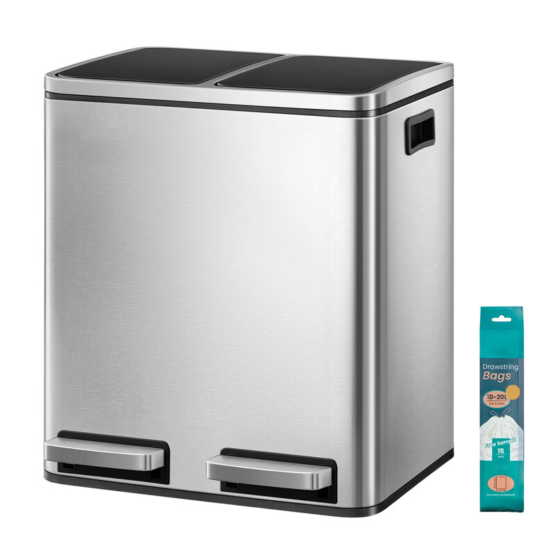 JOYFURNOS Dubbele Pedaalemmer, 2 x 15 L Prullenbak met Softclose, Staal, voor Keuken, Binnenemmers, Zilver en Zwart