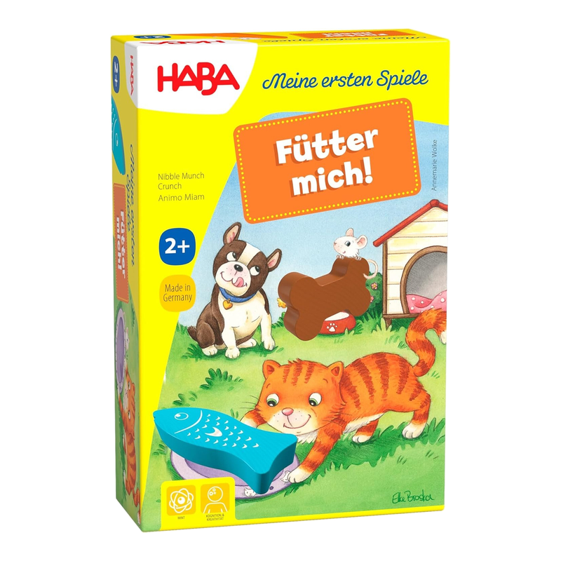 HABA 305473 – Meine ersten Spiele – Fütter mich Zuordnungsspiel ab 2 Jahren für 1 - 5 Spieler mit 5 Holzfiguren zu Haustieren, Spielzeit 5 Minuten, vermittelt Kleinkindern Regelverständnis