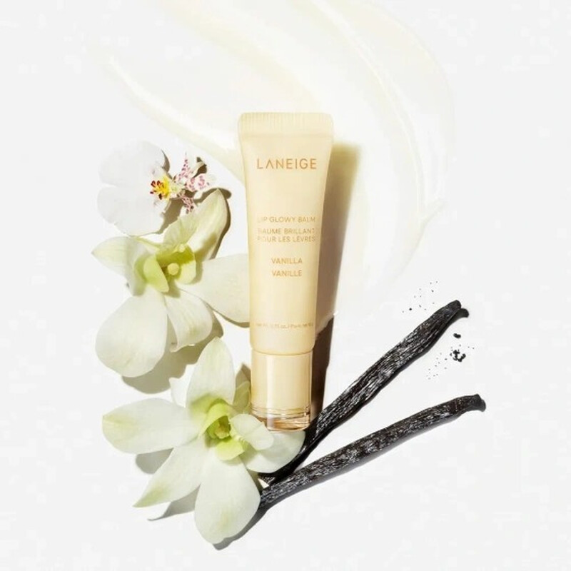 LANEIGE Lip Glowy Balm Vanilla 10 g – Feuchtigkeitsspendender Lippenbalsam mit Vanilleduft, transparenter Beige-Tönung und Sheabutter
