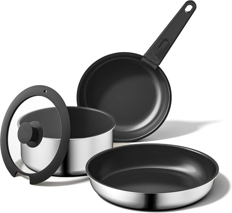 naturepan 5-delig antiaanbak-pannenset, diamant-titanium keramische coating en 3-laags roestvrij staal met verwijderbare handgreep, vaatwasserbestendig, geschikt voor inductie en oven, zwart