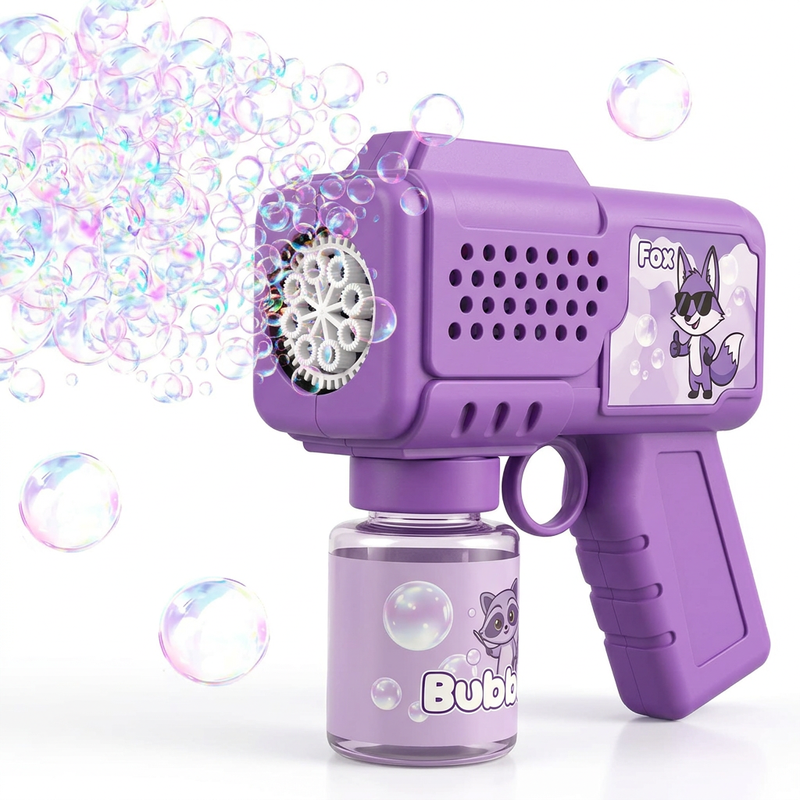Tokky Automatische Seifenblasenpistole für Kinder, 360° auslaufsichere Seifenblasenmaschine, 8-Loch-Düse gegen Verstopfen, über 1000 Blasen pro Minute, kleines Fuchs-Thema mit DIY-Aufklebern, Sommer-Outdoor-Spielzeug und Partygeschenk