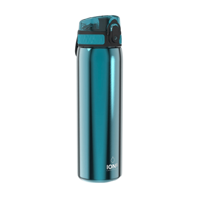 ION8 lichtgewicht stalen waterfles, 600 ml/20 oz, niet geïsoleerd, lekvrij, eenvoudig te openen, veilige vergrendeling, vaatwasserbestendig, flip-dop, past in bekerhouders, draaggreep, metalen waterfles, metallic aqua