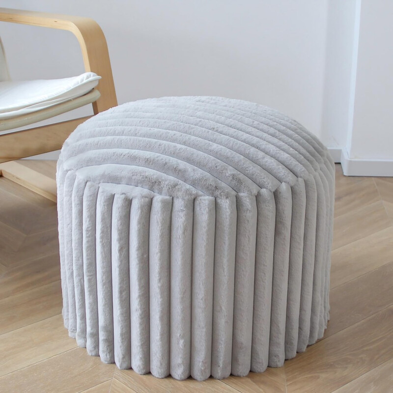 Round Pouf Stool, Round Bean Bag Footstool, Couch Stool, Footstool with High-Quality Faux Fur, Pouf, Bean Pouf Cushion, Indoor Stool for Couch and Living Room, 38 x 50 x 50 cm, Grey