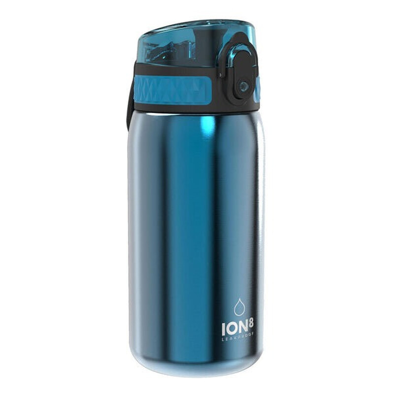 ION8 lichtgewicht roestvrijstalen waterfles voor kinderen, 400 ml/13 oz, niet geïsoleerd, lekvrij, eenvoudig te openen, veilige vergrendeling, vaatwasserbestendig, past in bekerhouders, draaggreep, metalen waterfles, metallic blauw