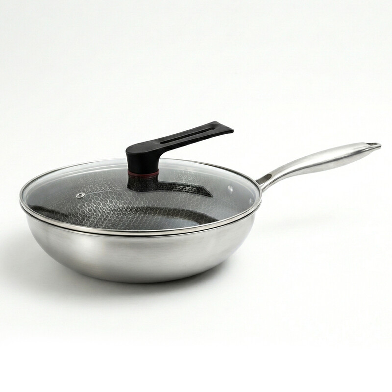 PURECOOK Non-stick Wok - No Teflon Wok, Non-stick Stainless Steel, Wok Pan with Lid,
