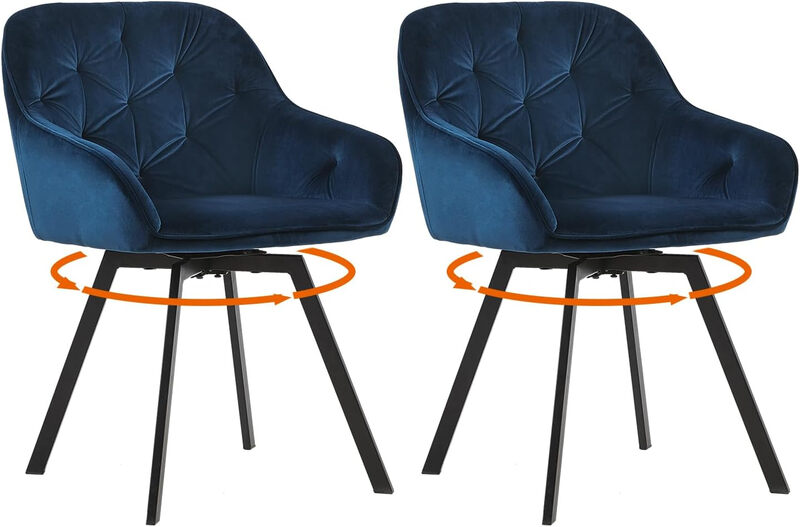 CLIPOP 360° Swivel Dining Chairs Set of 2 Velvet Upholstered Desk Chairs without Wheels Ergonomic Office Chair with Arms and Metal Legs for Home Study 0197 Blue 54.5*46*80 cm