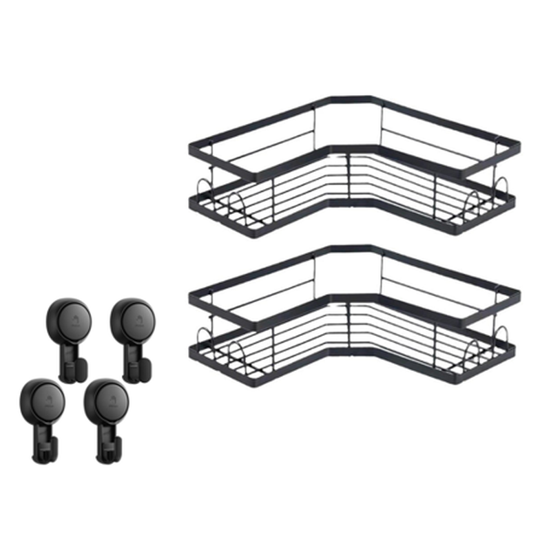 [Badkamer doucheset] JORDAN&JUDY 2-pack zwart driehoekig badkamerhoekrek, ruimtebesparende organizer + Taili 4-pack 360° draaibare krachtige zuignappen douchehaken voor handdoek, schadevrij ophangen veelzijdige muurhaken