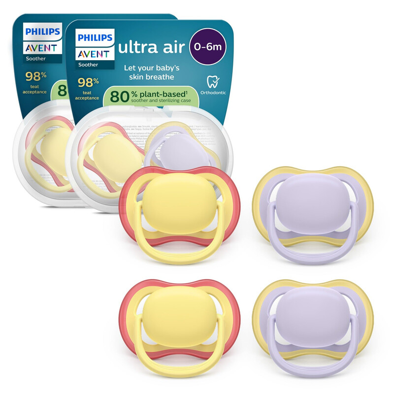 Philips AVENT Ultra Air Schnuller – Kiefergerechtes Design für Babys, 0–6 Monate, Weich, symmetrischer Silikonsauger, BPA-frei, 2 Sterilisationsbehälter, 4er-Pack, SCF087/20