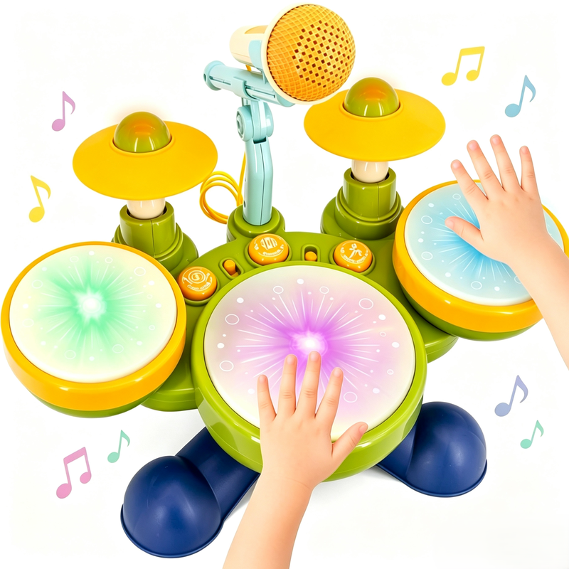 Kindertamboerset met instelbare volume & werkende microfoon - Muzikaal instrument speelgoed voor peuters met lichtgevende oplichtende trommels, optilbare cymbalen & afneembare standaard - Vroege sensorische leerzame speelgoed voor kinderen van 1-3 jaar -