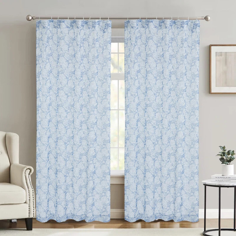 MEROPE polyester gordijn met bloemenprint, transparant, blauw, 136x250cm, 2-pack