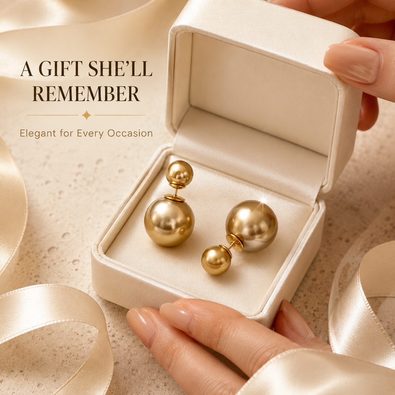 VoxorAI Goldene klassische Doppelperlenohrringe (Zwei-Wege-Stil), Ohrstecker, Hängeohrringe, Luxus-High-End-Mode, Nischenprodukt 6 mm und 14 mm