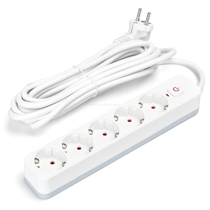 Steckdosenleiste mit Kabel/Deutscher 5-fach/3G1,5 mm²/5 m/Mit quadratischem Schalter/Rechteckig/Weiß und Grau/PP/Leitungen