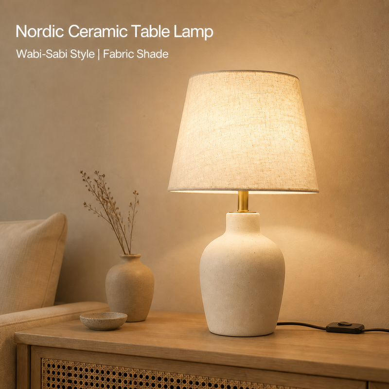 Mohheds Nordic Ceramic Table Lamp, Button Switch Fabric Lampshade In Modern Desk Light for Bedroom Living Room Home Decor Gift