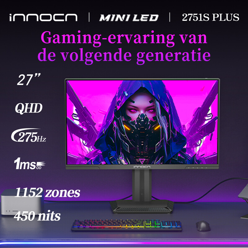 INNOCN 27 Zoll Mini LED Gaming-Monitor, 1152 Zonen, QHD 2K, 275 Hz 1 ms, IPS-Display, Adobe RGB 99% (1931) & 99% sRGB, Helligkeit 450, FreeSync, HDMI/DP, Eingebauter Lautsprecher, Höhenverstellbar, Schwarz, 2751S PLUS
