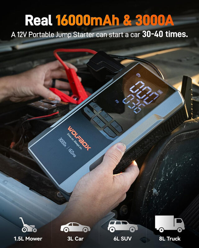 WOLFBOX 3000 A jumpstarter met luchtcompressor, 59,2 Wh & 160 PSI draagbare auto-accu jumpstarter met 65 W snelladen, 12 V accupack (geschikt voor 8 L gas- en 6 L dieselmotoren), met boost, licht en startkabels