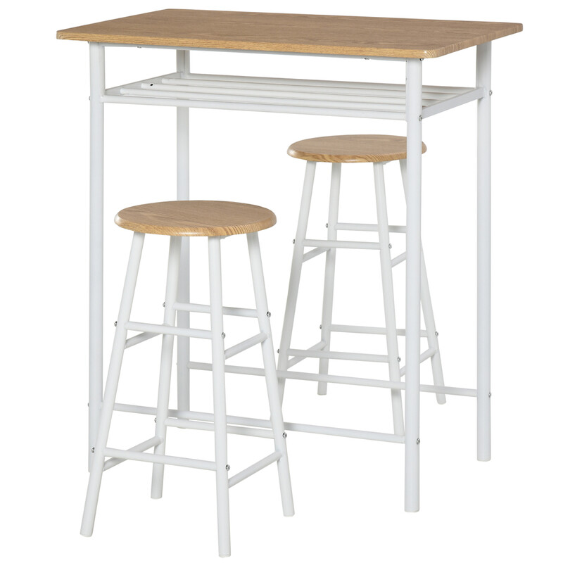 Bar Table & 2 Stools Set Compact White/Oak Effect