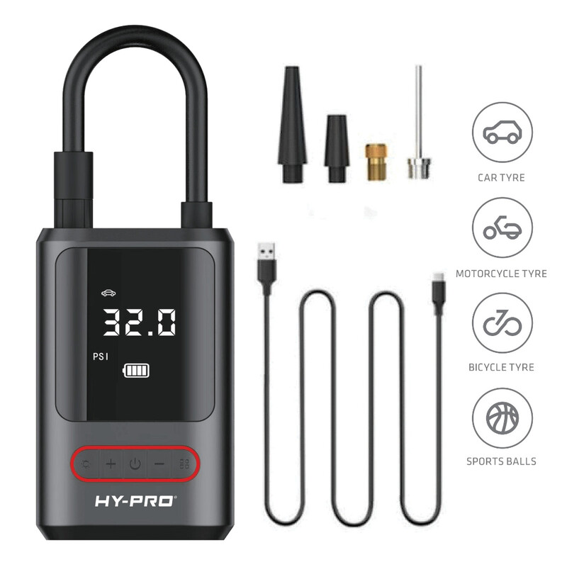 Hy-Pro Electric Air Pump For Balls, Bike & Car Tyres With Lcd Screen Psi Reader Cordless Usb-C Rechargeable