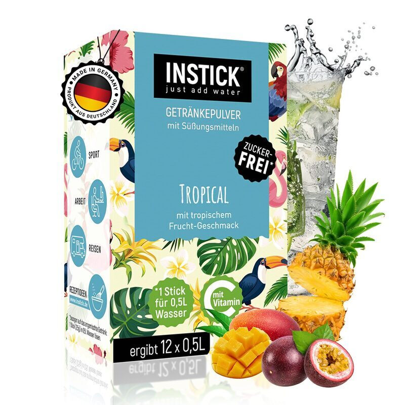 INSTICK Zuckerfreies Instant-Getränk (Tropical) - 1 Packung für 12 x 0,5-1 L - Veganes Getränkepulver Kalorienarm & Vitamin C - Instant-Pulver