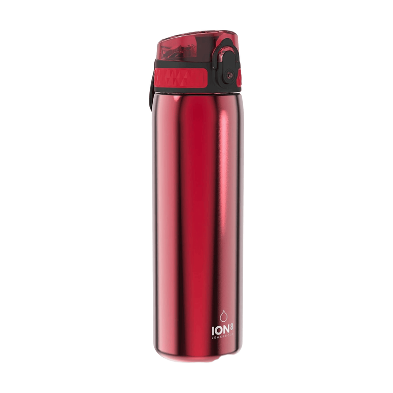 ION8 lichtgewicht stalen waterfles, 600 ml/20 oz, niet geïsoleerd, lekvrij, eenvoudig te openen, veilige vergrendeling, vaatwasserbestendig, flip-dop, past in bekerhouders, draaggreep, metalen waterfles, metallic rood