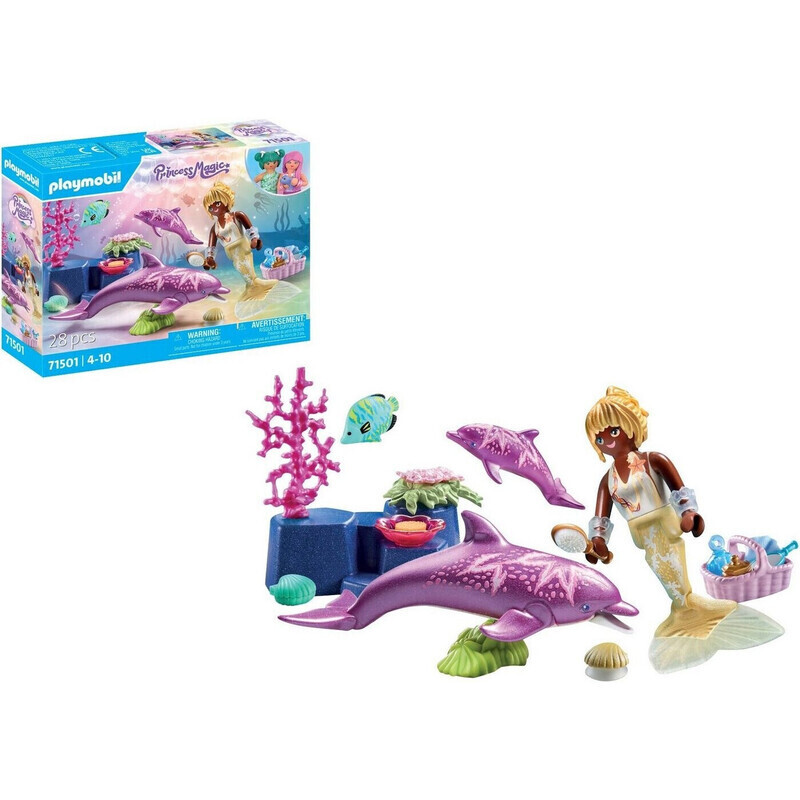 PLAYMOBIL Princess Magic 71501 Meerjungfrau mit Delfinen, liebevolle Pflege der