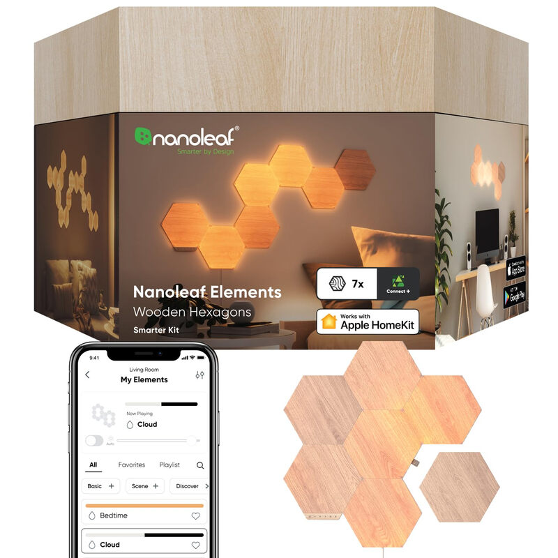 Nanoleaf Elements Holzoptik-Leuchtpaneele, Sechsecke, Starter-Kit – 7 Paneele [Energieklasse G]