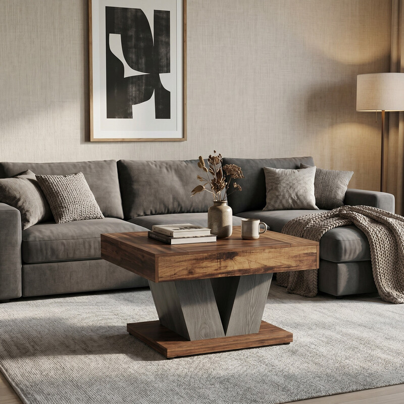 LANTINE 80cm Coffee Table, Wood Center Table for Living Room, Square Modern Cocktail Tea Table, Rustic Brown & Black