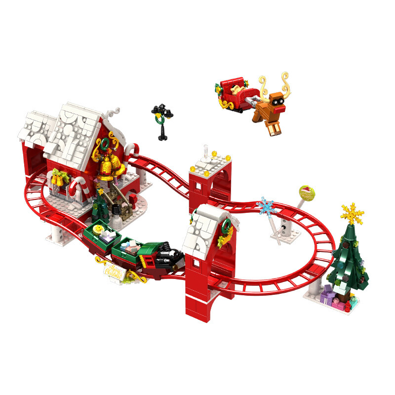 Woma Kerst Achtbaan Bouwstenenset, 964 Stuks Kerstbaan Trein Bouwstenen Speelgoed, DIY Montage Bouwset, Kerstdecoratie Cadeau Voor Kinderen Leeftijd 6+ Jongens Meisjes