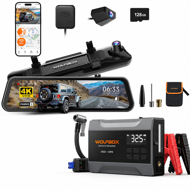 [1 für 2] G900 Pro + 2000 A Starthilfe WOLFBOX Bundle, 4K+2,5K Front- und Rückspiegel Dashcam mit 128 GB Karte, GPS, 5,8 GHz WLAN und 150 PSI Luftkompressor