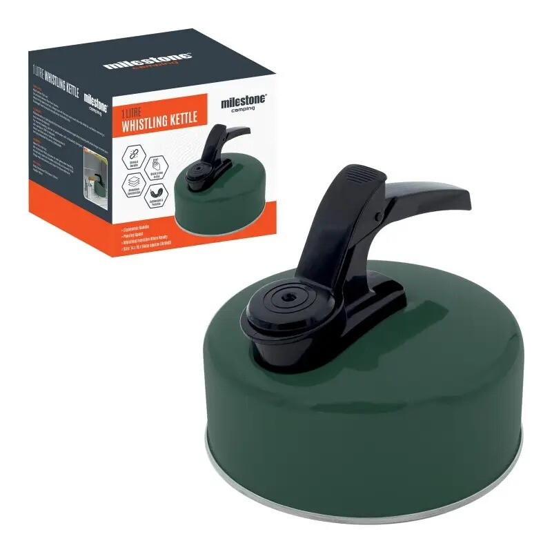 Camping 1L Whistling Camping Kettle Green/Pouring Spout and Heat-Resistant Handle/Cam