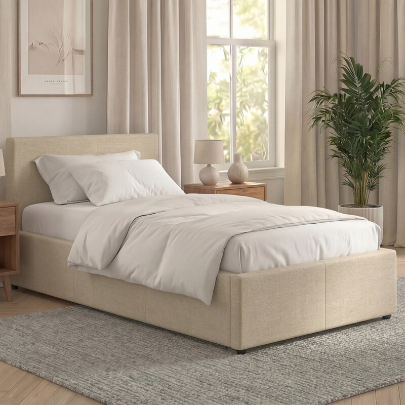 Vida Designs Veronica Linen Beige Single Ottoman Bed Frame | Furniture for Bedroom with Storage & Upholstered Base