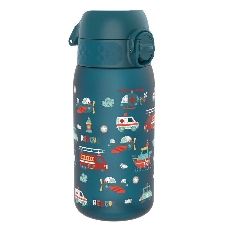 ION8 Waterflessen voor kinderen, 350 ml/12 oz, BPA-vrij, lekvrij, vaatwasserbestendig, eenvoudig te openen, veilige vergrendeling, waterfles voor kleine jongens en meisjes, drinkfles voor kinderen voor morsvrij drinken, zeegroen, reddingsvoertuigen